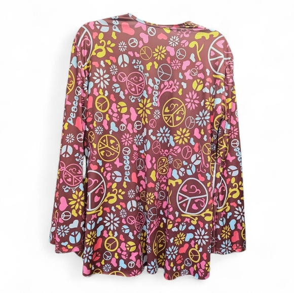 Boho Hippie Peace Sign Fringe Shirt Brown Flower Power Long Sleeve Festival 70s - Picture 2 of 3